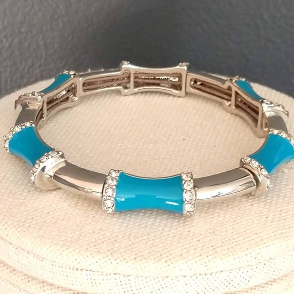 Silver and blue enamel w/crystals stretch bracelet - Picture 2 of 3